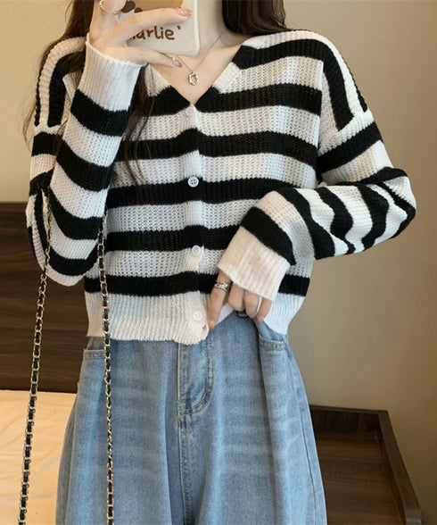 ワイドボーダー編みニットカーディガン